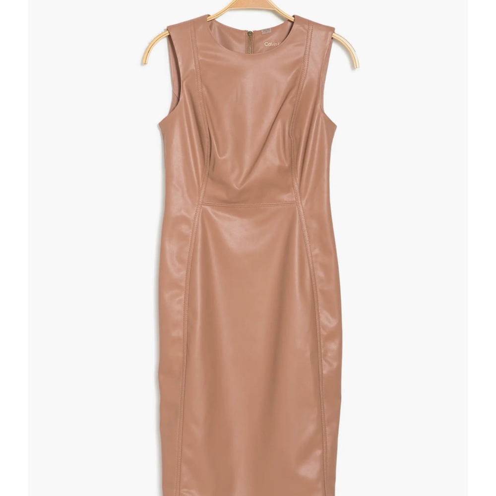 Calvin Klein Faux Leather Bodycon Sheath Dress | Womens 10 Tan NWT $139